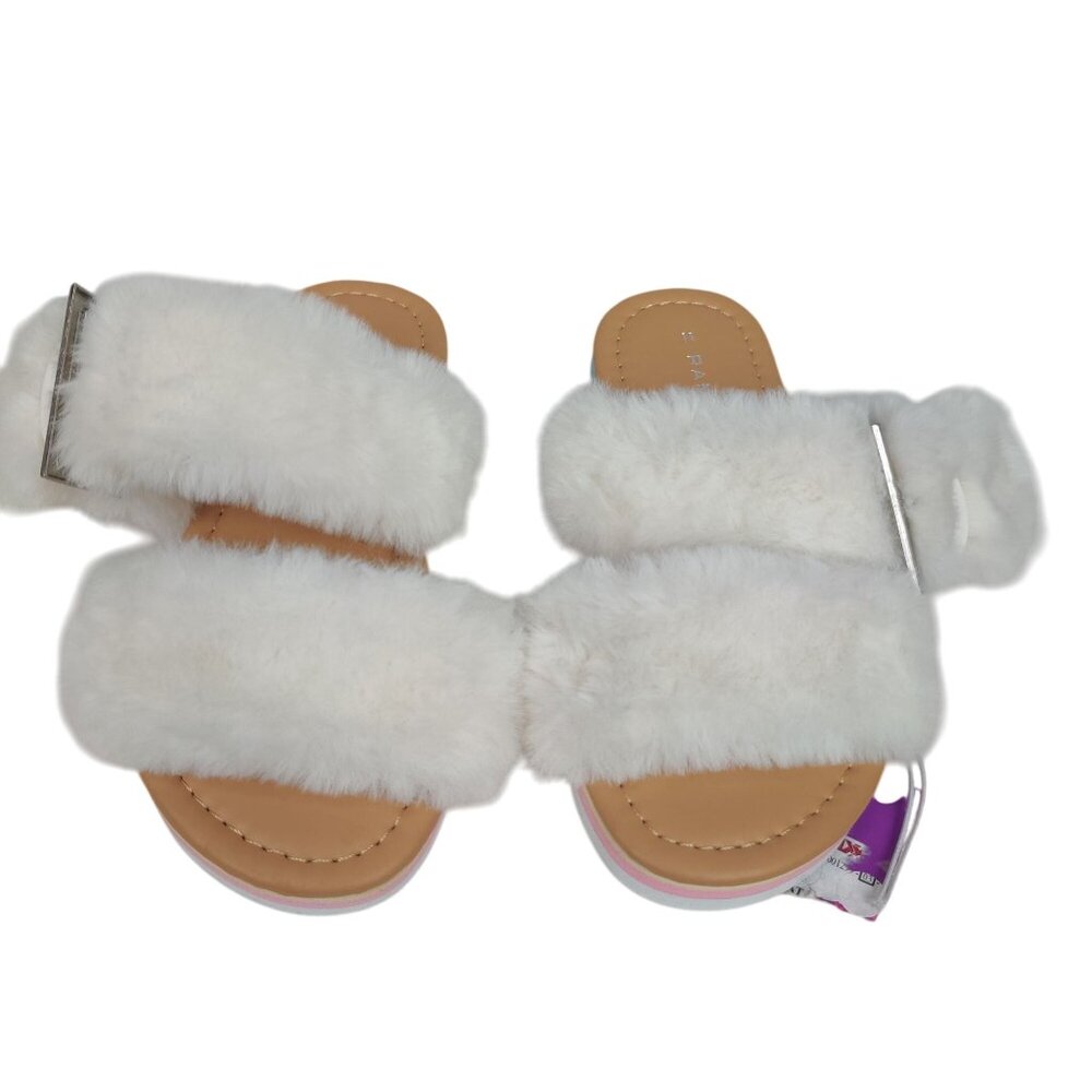 Rampage Girls Sandals Kids Faux Fur Buckle Flat Slide Youth White NWT Sz 11